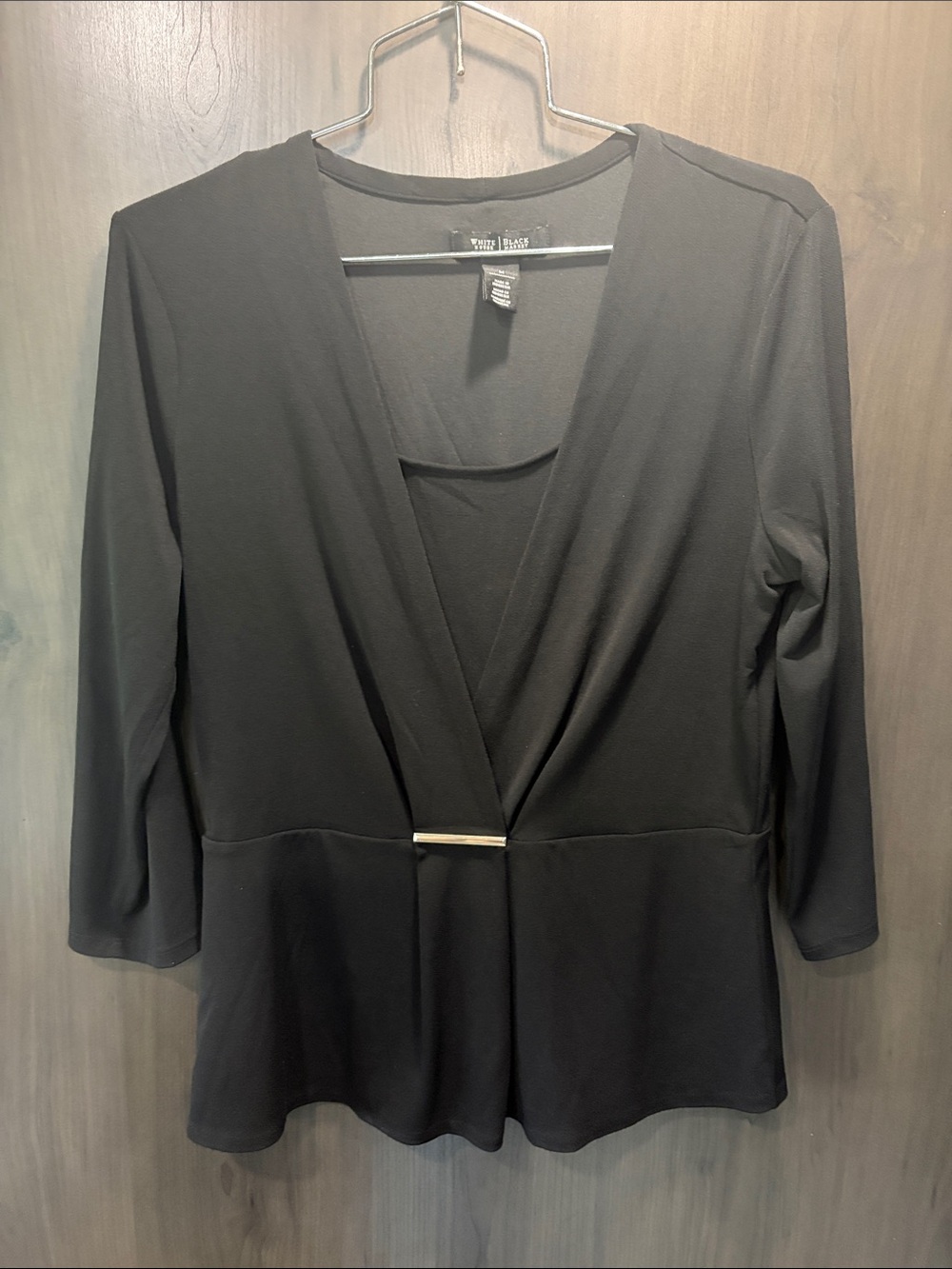 White House Black Market Black Faux-Wrap Tunic with Gold Bar